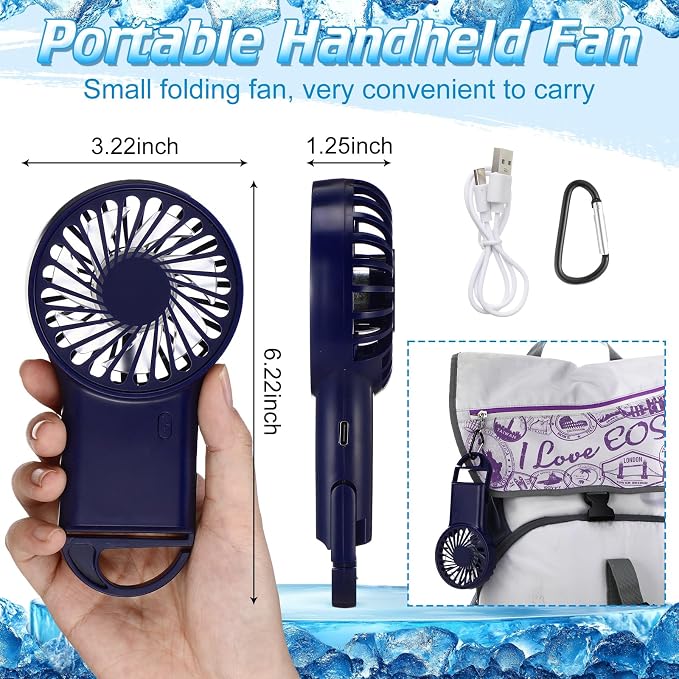 VIHOSE 4 Pcs Portable Hanging Fan, 3 Speeds Personal Rechargeable Desk Hand Held Small Fan with D Metal Hook for Cooling Small Personal Hands Outdoor Travel (Dark Blue)