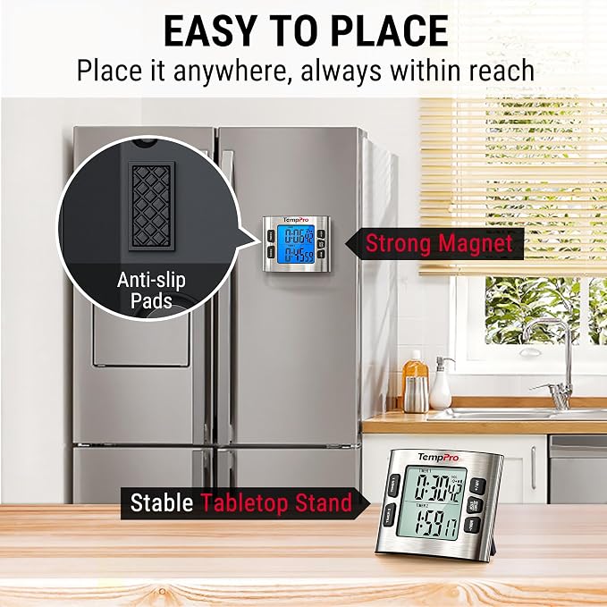 TempPro TM02 24H Digital Timer with Dual Kitchen Timers for Cooking, Magnetic Timer Clock with Adjustable Alarm Volume & LCD Backlit Display, Classroom Timer for Kids & Teachers(Previously ThermoPro)