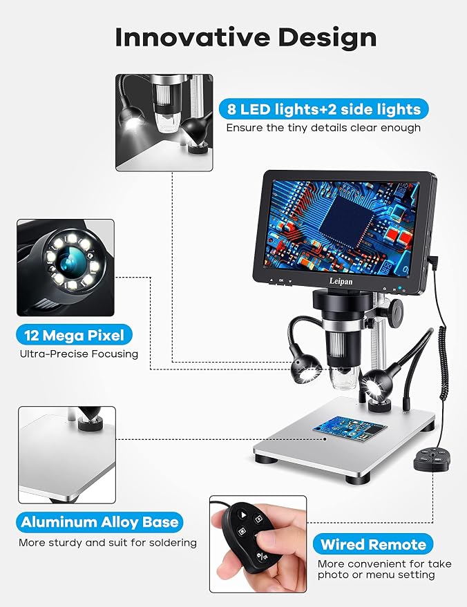 7" LCD Digital Microscope 1200X,Leipan 12MP Coin Microscope with Screen for Adults,1080P Coin Magnifier with 12pcs Slides,Wired Remote,2 Side Lights,Windows/Mac OS Compatible