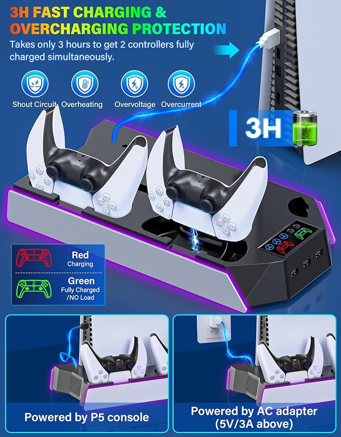 PS5/PS5-Slim-Cooling-Station-with-Controller-Charging-Station for PlayStation 5 Console Disc/Digital, LED Light Cooling Stand with Cooler Fan for PS5 Accessories with 3 USB Hubs/Headset Holder