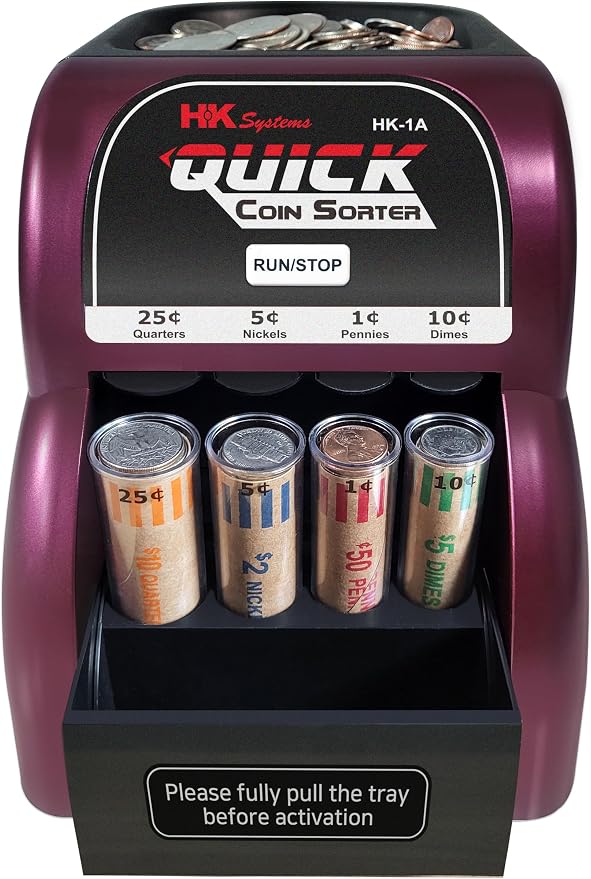 HK SYSTEMS HK-1A, USD Coin Sorter, Sorts 260 Coins Per Minute into Coin Wrappers, 1 Row Coin Wrapper Tubes Included