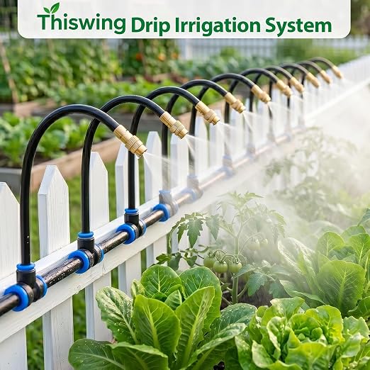 Thiswing 360° Adjustable Drip Irrigation System - Compatible 1/4" Irrigation System, 50FT Automatic Garden Watering Atomizing System with 15 Nozzles, Sprinkler for Yard, Lawn, Plants, Garden