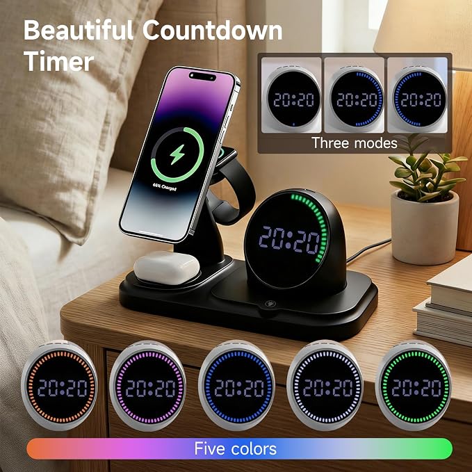 6 in 1 Wireless Charger Charging Station : Compatibility for iPhone 17 16 15 14 13 Pro Max Apple Watch, Charger Stand for Apple Devices, with Wireless Speaker and Digital Clock Ambient Lights (Black)