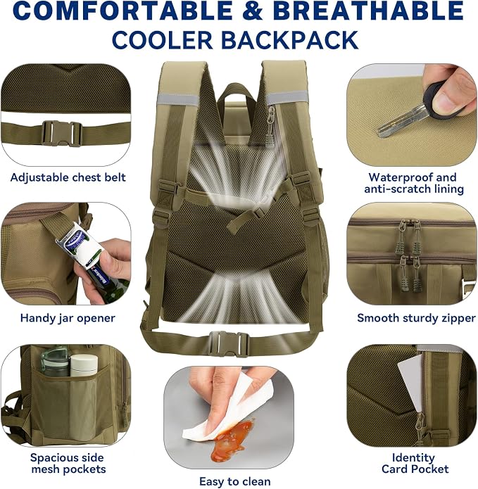 Pyrrhus 43L Cooler Backpack 45/55 Cans Insulated Leak Proof Tactical Backpack,2 Insulated Comaprtments Thermal Bag,Large Lunch Outdoor Backpack for Picnic, Beach, Work,Trip