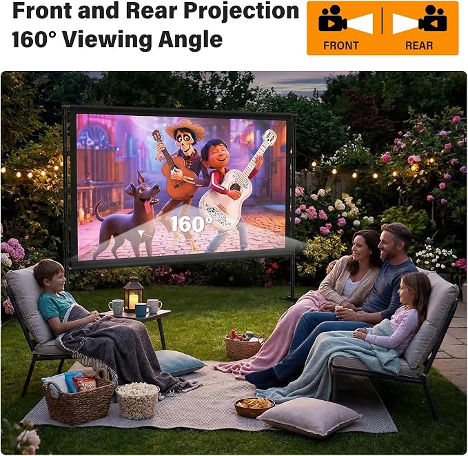 Outdoor Projector Screen with Stand 120 Inch, 16:9 Portable 4K HD Indoor Movie Screen, Large Double-Sided Washable Screen with Carry Bag, Sandbags for Backyard, Camping, Home Theater