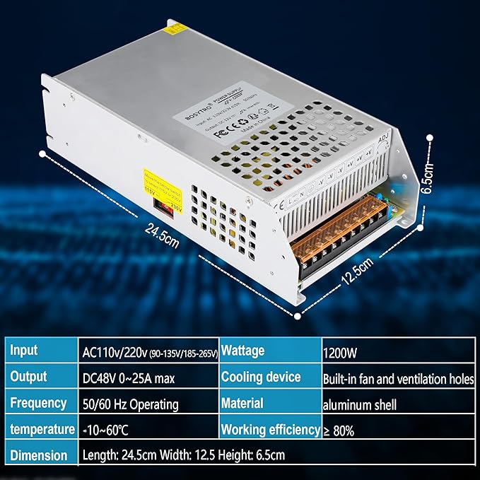 48V 25A 1200W Switching Power Supply Adapter PSU AC 110V/220V-DC Transformer for Medical Equipment, DC Motor, Computer Project of Industrial Power Supplies