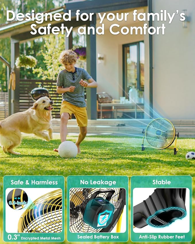 ZHULI 11" Portable Battery Operated Floor Fan, Rechargeable Cordless Camping Fan, Hi-Velocity Brushless Motor, Metal blade, USB Phone Charge, 8~60H Runtime, Quiet, Wireless, For Outdoor Home Workshop