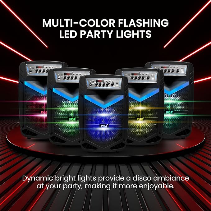 Pyle Portable Bluetooth PA Speaker System - 600W Rechargeable Outdoor Bluetooth Speaker Portable PA System w/ 10” Subwoofer 1” Tweeter, Recording Function, Mic In Party Lights USB/SD Radio