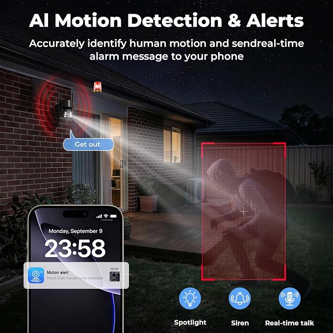 2K Security Cameras Wireless Outdoor, 5G & 2.4 WiFi Cameras for Home Security Solar/Battery Powered with Solar Panel, 360° PTZ Human Detection, Color Night Vision, Works with Alexa(2 Pack)