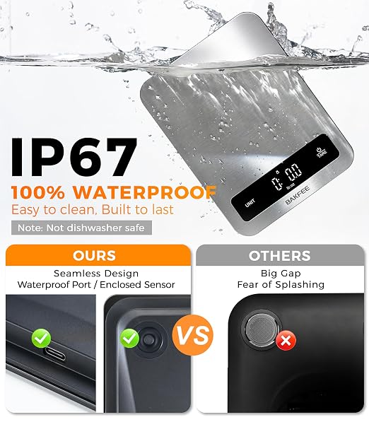 100% Waterproof Food Scale, IP67 Digital Kitchen Scale, Rechargeable (USB-C), 0.1oz/1g Precision, 22lb Capacity, Stainless Steel & Tempered Glass, for Cooking, Making Sourdough Bread, Black