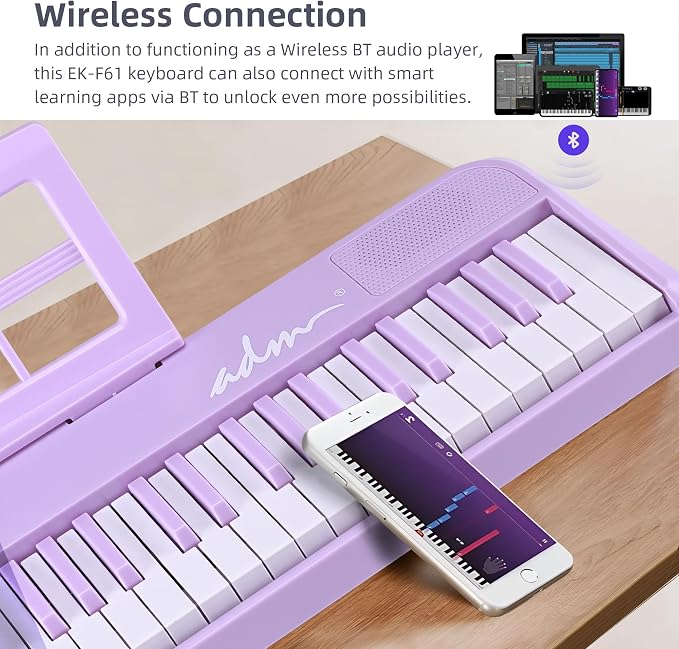 ADM 61 Key Folding Electric Piano Keyboard, Foldable Electronic Keyboard, Wireless 128 Tones, 128 Rhythms Includes Pedal, Gig Bag, Headphones for Beginners, Students, Teenagers, Adults, Purple