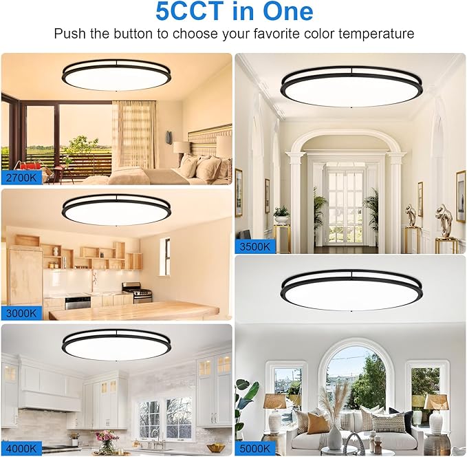 DLLT Flush Mount LED Ceiling Light: 32 Inch 5CCT (3000K-6000K) & Dimmable Ceiling Light Fixtures for Bedroom Hallway - 45W Modern Black Super Bright Kitchen Lighting Fixtures Ceiling