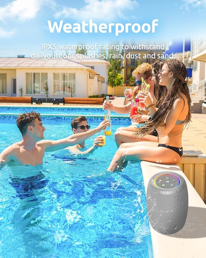 Portable Bluetooth Speaker with Lights, Powerful Stereo Loud Sound Wireless Small Speaker, IPX5 Waterproof, BT5.3, TWS Pairing, for Outdoor/Party/Home/Beach/Shower, Birthday for Him Her