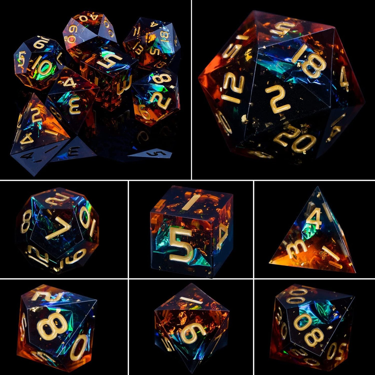 ARUOHHA DND Resin Dice Set 7Pcs Handmade Glitter Inclusions Sharp Edge Dragons Dice with Box, Role Playing Game RPG Lightning Polyhedral Dungeons D and D Dice Set