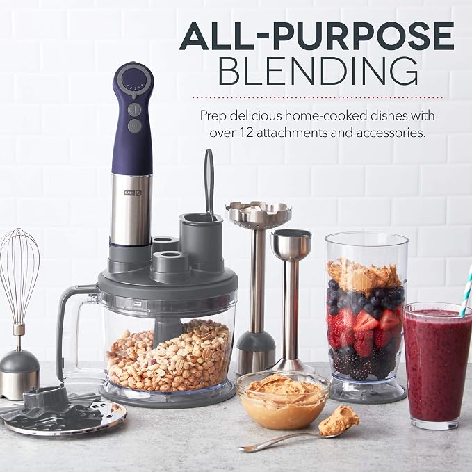 Dash Chef Series Deluxe Immersion Hand Blender Set, 5 Speed, 330W with Food Processor, Whisk, Masher and Dough Hook Attachments, Stainless Steel Blades for Soups, Sauces, Smoothies & Purées - Midnight
