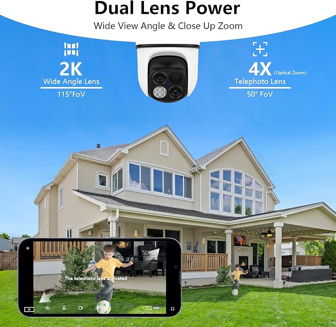 wansview Solar Camera Outdoor Wireless-2K 360°PTZ Cameras for Home Security with Dual Lens, Solar Panel/Battery Powered, PIR Detection, Color Night Vision, 2.4Ghz Wi-Fi Only, Works with Alexa, B7 1P W