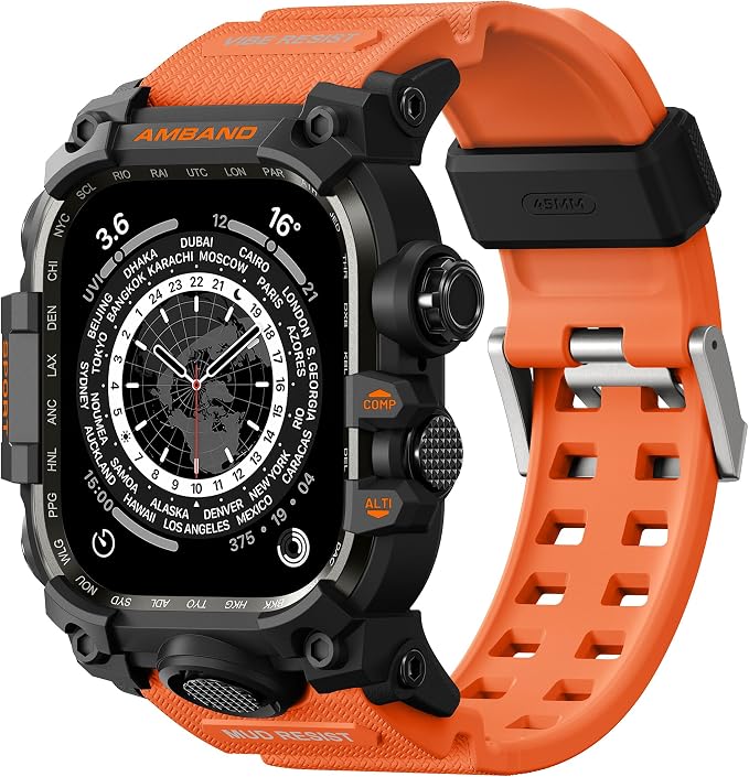 amBand Rugged Case with Band for Apple Watch 45mm, Compatible with Apple Watch (iWatch) Series 9/8/7, Military Grade Shockproof Bumper Cover, Tactical Band for Men, Orange