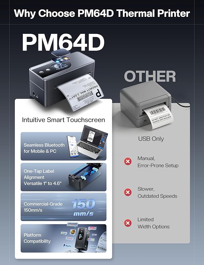 Phomemo Thermal Label Printer Upgraded with Touchable Screen, Shipping Label Printer for Small Business, 4x6 Wireless Thermal Label Printers for Shipping Package, with 4X6 Thermal Labels