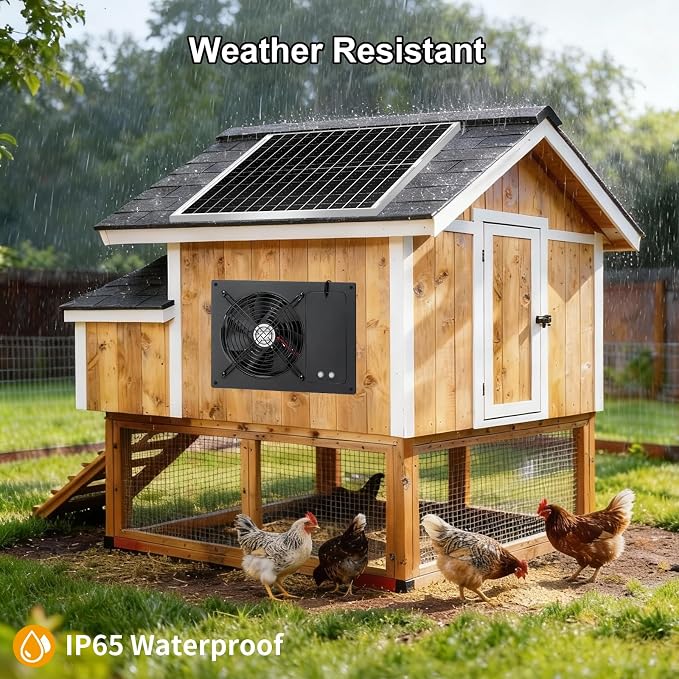 25W Solar Exhausted Fan with Battery, 2 Wind Speed, IP65 Waterproof 7.1" Solar Powered Ventilation Fan for Chicken Coop, Greenhouse, Shed and Dog House