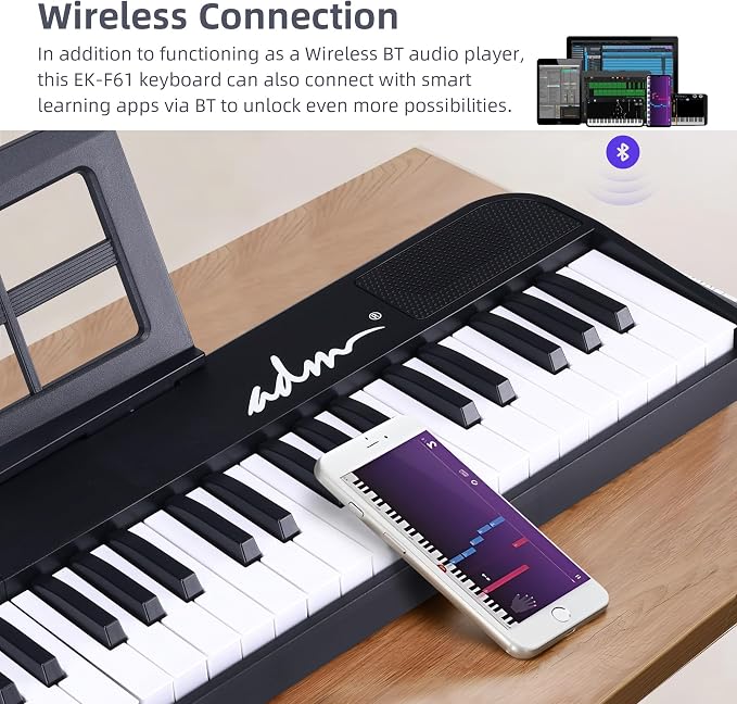 ADM 61 Key Folding Electric Piano Keyboard, Foldable Electronic Keyboard, Wireless 128 Tones, 128 Rhythms Includes Pedal, Gig Bag, Headphones for Beginners, Students, Teenagers, Adults, Black