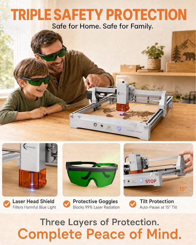 Laser Engraver 12W Laser Engraving Machine for Wood Metal Acrylic Glass Stone, DIY CNC Portable Laser Cutter 7.9" x 11.8" (Near A4) Offline Engraving Carverall K15 Pro Silvery, 12000mW, Class 1