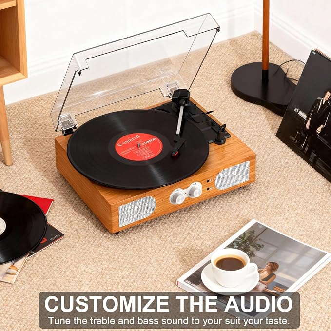 Vinyl Record Player with Built-in Speakers 3-Speed Vintage Record Player Support Treble& Bass Control, 3.5mm Headphone Jack, RCA-Out/Aux in, Belt-Driven LP Turntable,Natural Wood