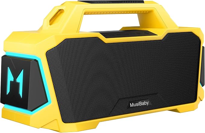 Musibaby 80W Portable Bluetooth Speaker, Loud Bass, IPX6 Waterproof, Yellow | Bright yellow speaker for picnic, tailgate, RV, workshop, projector nights, boat deck, cookouts, USB/AUX music.
