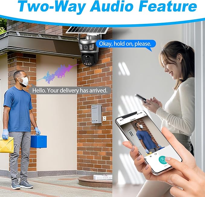 6MP Dual Lens Solar Security Cameras, Wireless Outdoor WiFi Security Camera, 360° View Pan, Two-Way Audio, Motion Detection, Color Night Vision, Waterproof IP66 with 64G SD Storage