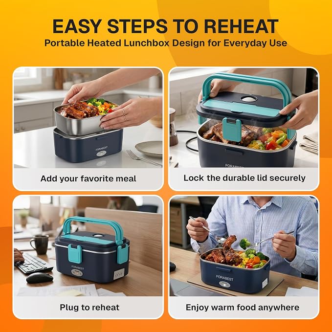 FORABEST Heated Lunch Box - 80W Electric Lunch Box for Adults - Portable Food Warmer - 1.8L Stainless Steel Containers, Carry Bag & Leakproof Lid - 12V/24V Car/Truck & 110/220V Home/Office - Navy Blue