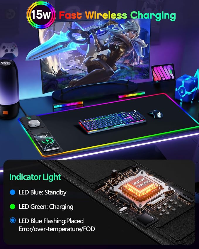 RGB Gaming Mouse Pad with Wireless Charging & Phone Stand, 31.5"x15.8" Large, 24 Light Effects, Non-Slip Base, Waterproof Ultra-Smooth Surface, with Adatper, No Adatper