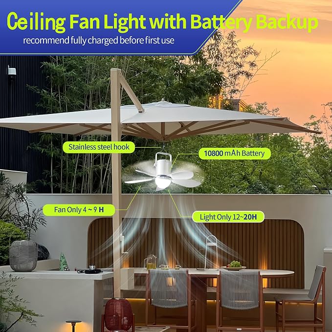 17'' Ceiling Fan with Light and Remote, 10800mAh Battery Operated Gazebo Fan，Outdoor Hanging Fan for Gazebo, RV，Patio, Camping Tent, Greenhouse,Porch ，Chicken Coop, USB-C Fast Charge