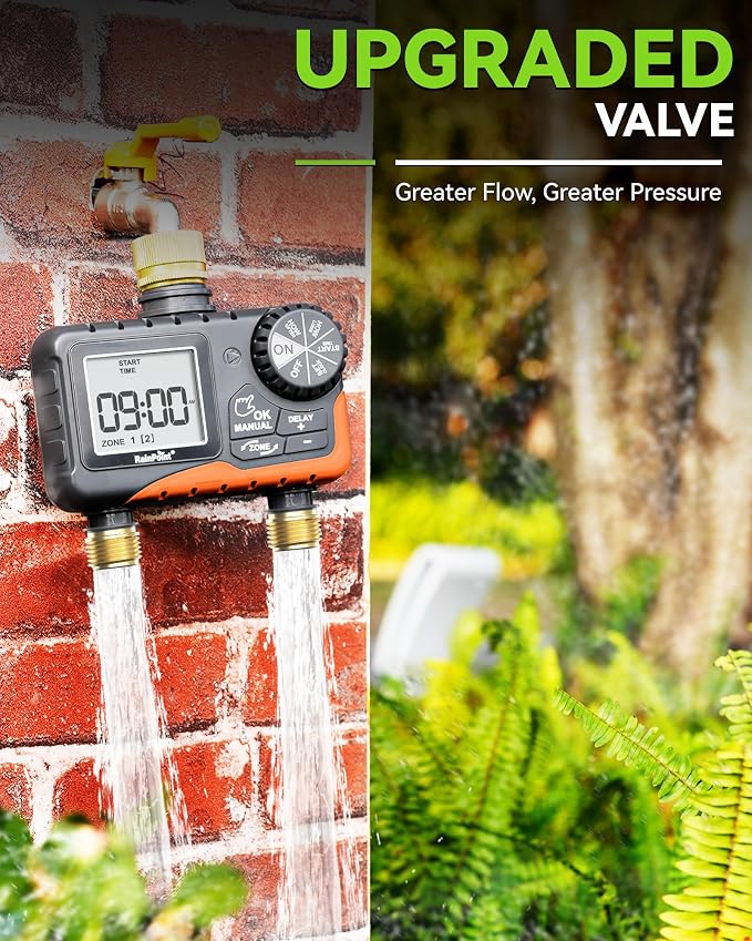 RAINPOINT 2 Zone Sprinkler Timer with Brass Inlet and Outlet - Water Timer for Garden Hose with Rain Delay/Manual Watering/Automatic Irrigation Controller for Yard(Orange)