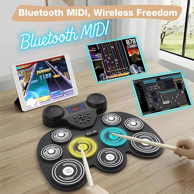 Electric Drum Set with 7 Colorful LED Light Patterns, Better Rebound Feel Electronic Drum Kit Featuring Bluetooth MIDI, 9 Drum Pads, and Dual Speakers, Christmas Birthday Gift for Kids Adult