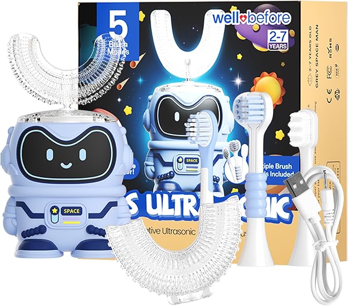 Well Before Kids U Shaped Electric Toothbrush with 5 Brush Heads, Ultrasonic, 5 Modes, IPX7 Waterproof Design (Spaceman, Blue Ages 2-7)