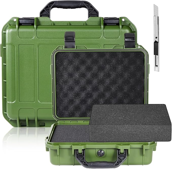 Relaxweex 1 Pcs Waterproof Hard Case with DIY Customizable Foam Insert Portable Protective Case with Knife for Camera Drones Equipments Tools Test Instruments(Green,16.3 x 12.4 x 6.5 Inch)