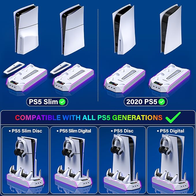 PS5 / PS5 Slim Cooling Station with Controller Charging Station - LED Light Cooling Stand for Playstation 5 Slim Disc/Digital Console, Accessories Incl RGB Light/Cooler Fan/3 USB Hubs/Headset Holder