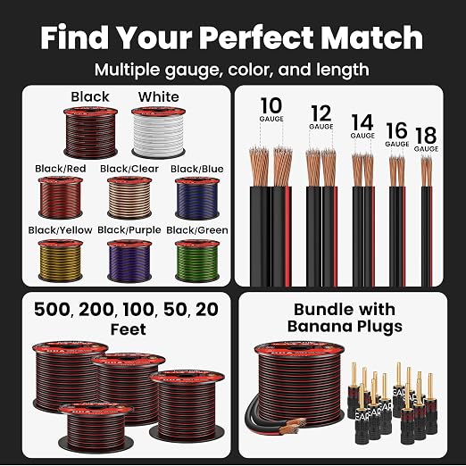 GEARit 14 Gauge Speaker Wire 20 ft,Flexible Speaker Cable with Foot Markers & Polarity Markings,14 Gauge Wire for Car Audio & Home Theater Speakers,Audio Cable for DIY Installations,CCA(Black)