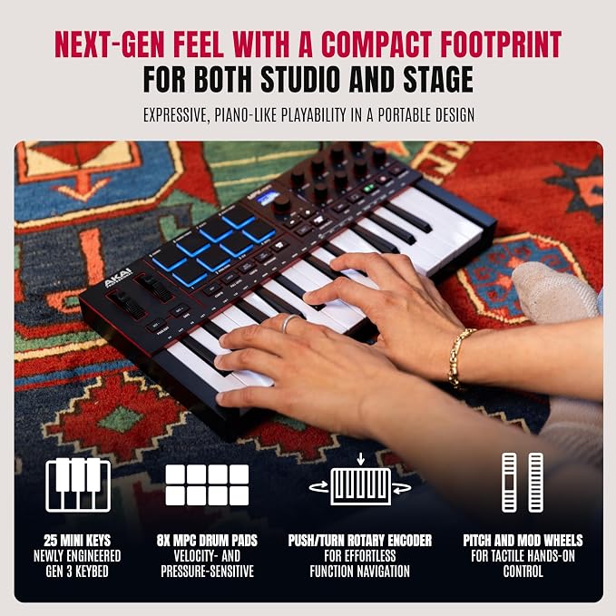 Akai Professional MPK Mini IV USB-C MIDI Keyboard Controller for Beginners and Producers - MPC Drum Pads, 360° Knobs, Pitch and Mod Wheels, Production Software, Native Instruments Sound Package, Black