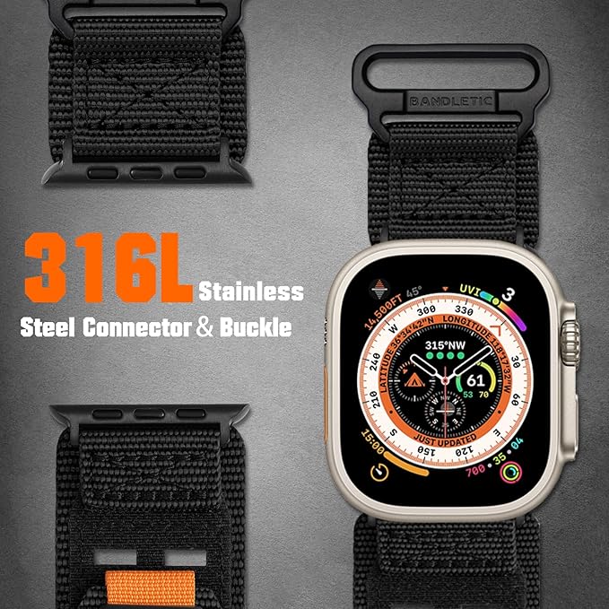 Bandletic Compatible with Apple Watch Ultra Band Men Women, Wide Tactical Military Nylon Rugged Soft Sport Loop for iWatch 49mm(Ultra 3/2/1),46mm(11/10),45mm(9/8/7),44mm(SE3/SE2/SE/6/5/4),42mm(3/2/1)