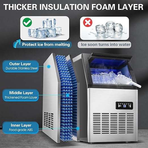 120LBS/24H Commercial Ice Maker Machine, Freestanding Stainless Steel with Adjustable Ice Thickness & LCD Control,40 Cubes/Cycle,Self-Cleaning,Quiet Operation for Home,Restaurant,Bar