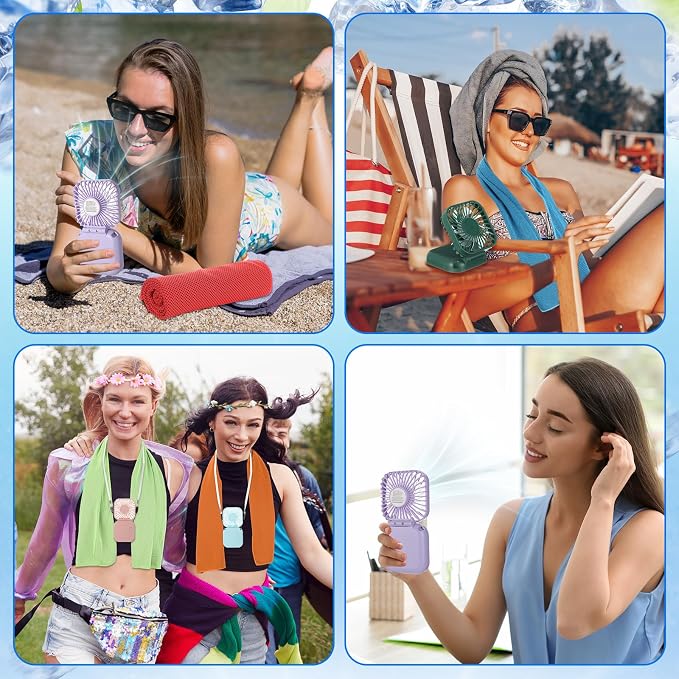 Hortsun 12 Personal Necklace Fan 12 Cooling Towels USB Rechargeable Battery 3 Speed Handheld Fan Portable Neck Hanging Fans Cooling Rags Bulk for Yoga, Sport, Camping, Fitness(Dark Color)