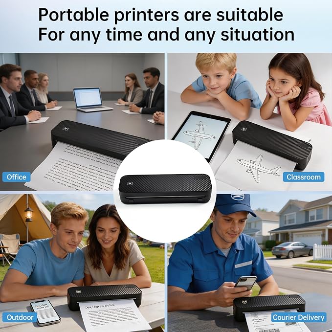 Portable Printer for Travel Bluetooth,Inkless Travel Printer,supports thermal US Letter & A4 & A5 & A6 & A7 & Receipt paper,Compatible with Phone & Laptop and Tablet,with 3 thermal paper rolls.