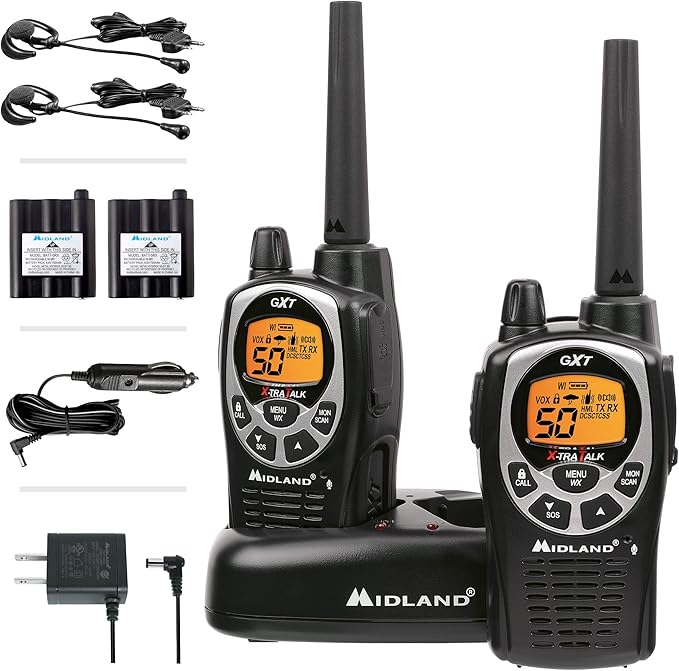 Midland GXT1000VP4 GMRS Two-Way Radio (50 Channel, Long Range, 142 Privacy Codes, SOS, NOAA, Rechargeable Nickel Battery, Black/Silver 2-Pack)
