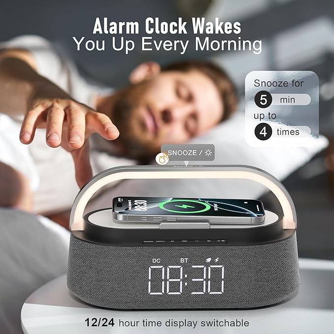 FREEFISH Bluetooth Speaker with Wireless Charger, FM Radio, Adjustable LED Night Light, Dual Wireless Speakers, Suitable for Decoration, Bedroom, Home, Office, Gift, Black
