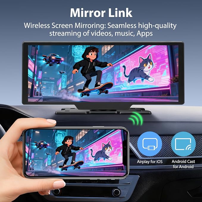 10.26" Portable Wireless CarPlay Screen for Car with 4K Dash Cam, 1080P Backup Camera and 64GB SD Card, Apple Carplay & Android Auto Touch Screen with GPS, Airplay, Mirror Link (ADAS)