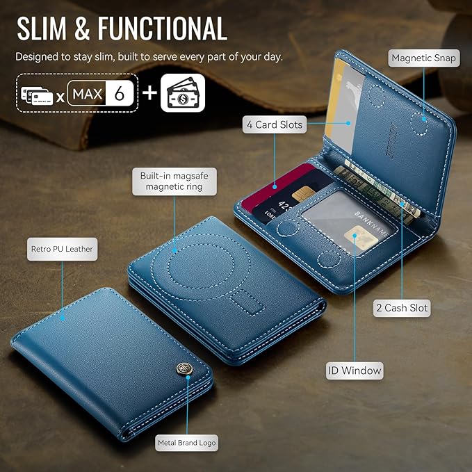 Slim PU Leather RFID Magnetic Wallet for Men and Women, Minimalist Magnet Card Holder Phone Wallet Compatible with Magsafe for Apple iPhone 17 16 15 14 13 12 Series, Fashion Dark Blue