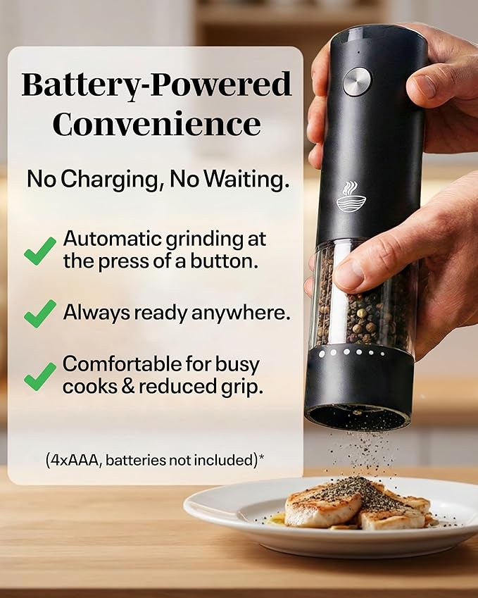 Electric Salt and Pepper Grinder Set - Black 2 Pack Battery Operated Mills with 95ml Large Capacity, Adjustable Coarseness, Built-in LED Light, Automatic Salt & Pepper Shakers for Kitchen