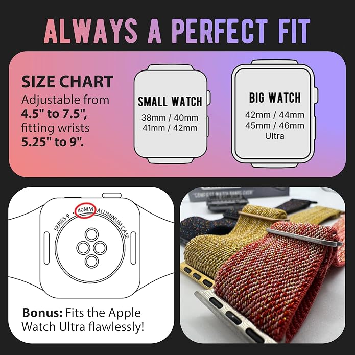 Braxley Bands for Apple Watches - Stretchy and Washable - Adjustable with Apple Watch Bands for Women & Men - Compatible with Apple Watch Series SE Ultra 9 8 7 6 5 4 3 2 1