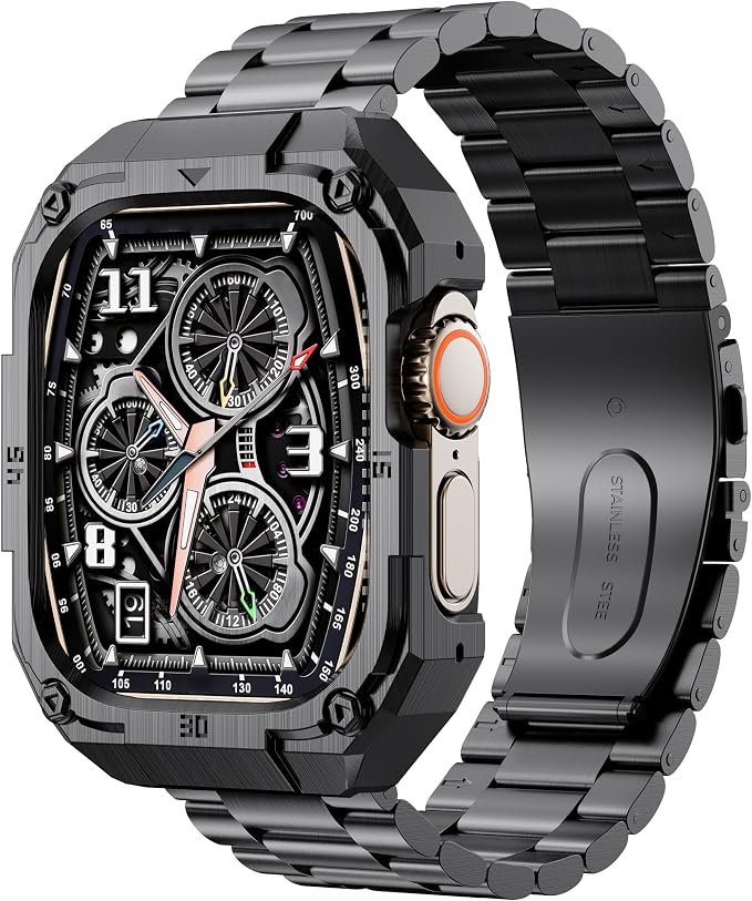 Stainless Steel Case and Band Compatible for Apple Watch Ultra 3/2/1 Band/Apple Watch Band 49mm 46mm 45mm 44mm,Fomal Metal iWatch Band with Case for Men Series 11 10 9 8 7 6 5 4 SE (Black-3, 45mm (Series 9 8 7）)