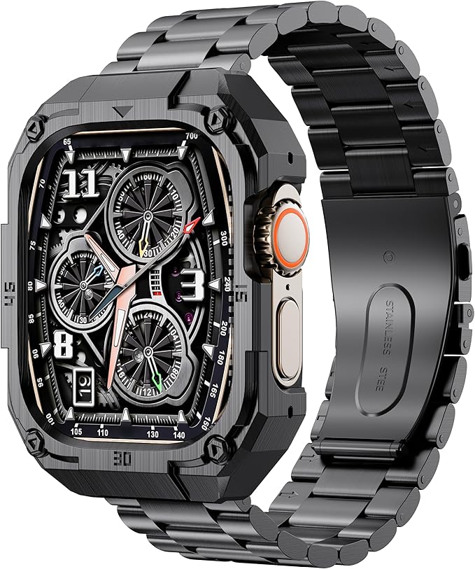 Stainless Steel Case and Band Compatible for Apple Watch Ultra 3/2/1 Band/Apple Watch Band 49mm 46mm 45mm 44mm,Fomal Metal iWatch Band with Case for Men Series 11 10 9 8 7 6 5 4 SE (Black-3, 46mm (Series 11 10）)